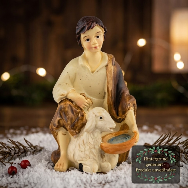 Handbemalte Krippenfigur Schäfer mit einem Schaf, ca. 8 cm, K 131-5